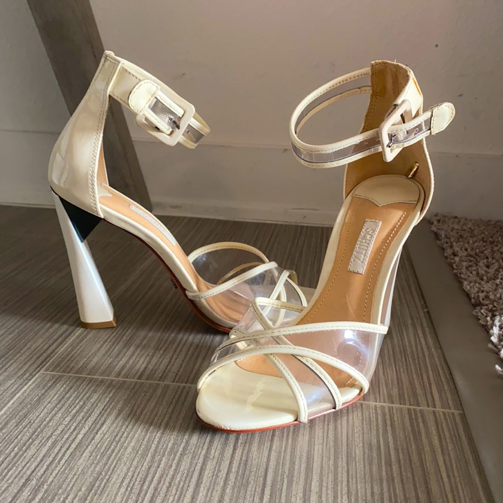 Schutz lucite and white ankle strap heels